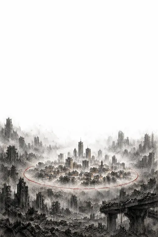 Morgena, the city inside the warding circle, as a pale line drawing on black