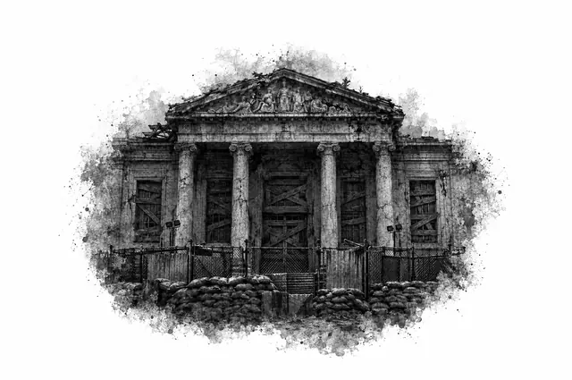 Ink drawing of an old museum with columns