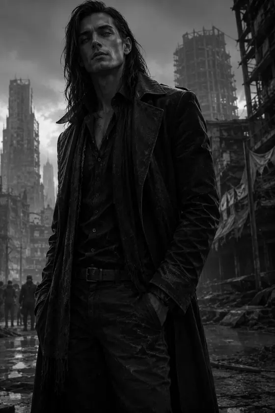 Portrait of Yel'Arizel: long black hair, dark coat, ruins behind him